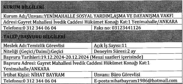 Yenimahalle SYDV 11 temizlik görevlisi alacak