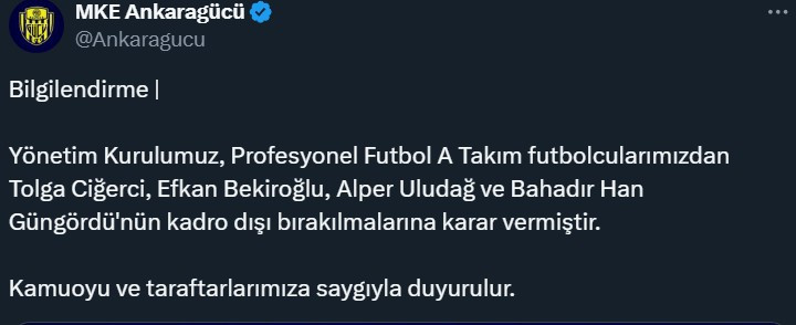 MKE Ankaragücü'nde 4 futbolcu kadro dışı bırakıldı!