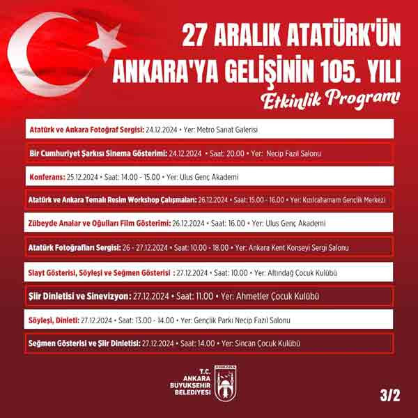 ABB duyurdu: Atatürk'ün Ankara'ya Gelişinin 105. Yıl Dönümü kutlama programı - Resim : 2