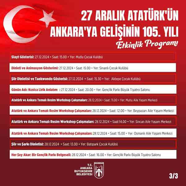 ABB duyurdu: Atatürk'ün Ankara'ya Gelişinin 105. Yıl Dönümü kutlama programı - Resim : 3