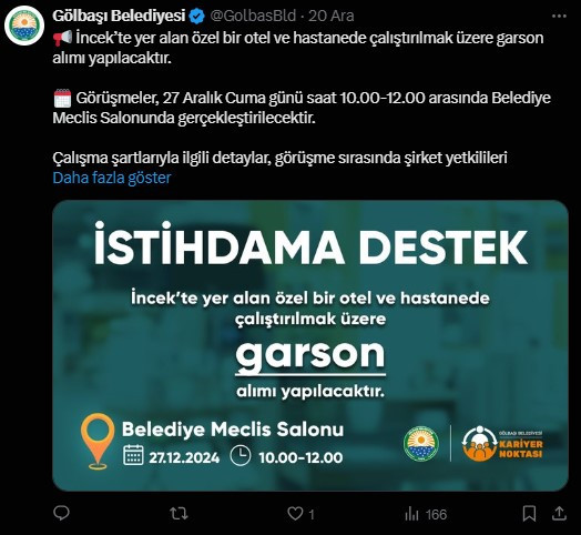 Gölbaşı Belediyesi garson alımı için başvuru tarihini duyurdu!