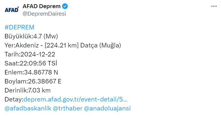 AFAD Muğla Datça açıklarında 4,7 büyüklüğünde deprem olduğunu açıkladı