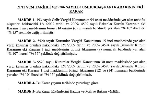 Kurumlar vergisini yüzde 15'e yükselten Cumhurbaşkanı Kararı yayımlandı!