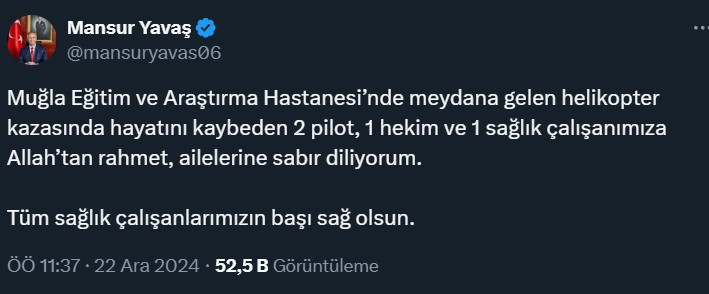 Mansur Yavaş'tan Muğla'daki helikopter kazası için taziye mesajı