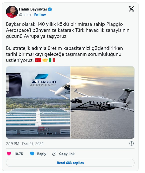 İtalyan devi Piaggio Aerospace'in yeni sahibi Baykar olacak!