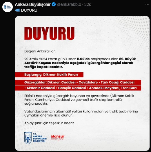 29 Aralık Ankara'da bugün trafiğe kapalı yollar!