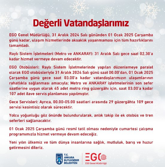 Başkent’te yılbaşı için otobüs, metro ve Ankaray kararı!