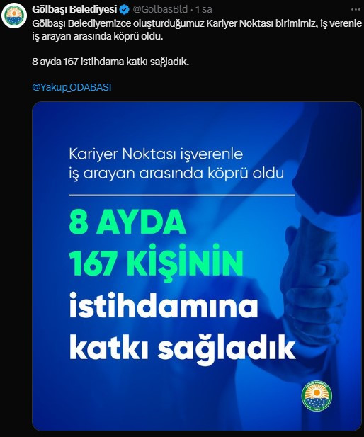 Gölbaşı Belediyesi 167 kişinin işe yerleşmesini sağladı