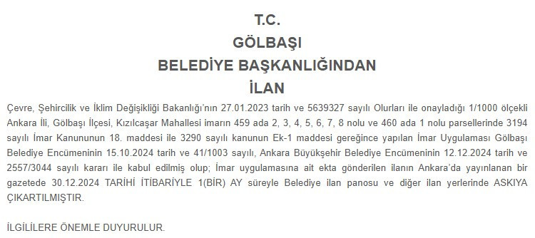 Gölbaşı Belediyesi imar planı değişikliği yaptı!