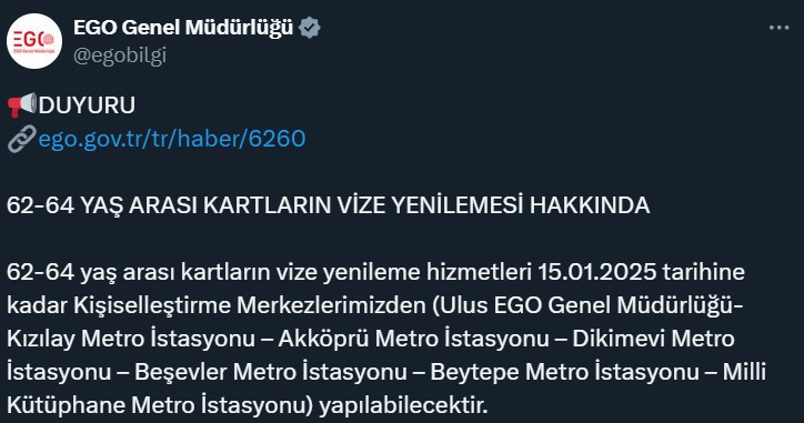 EGO 62-64 Yaş arasındaki vatandaşlara otobüs kartı uyarısı yaptı