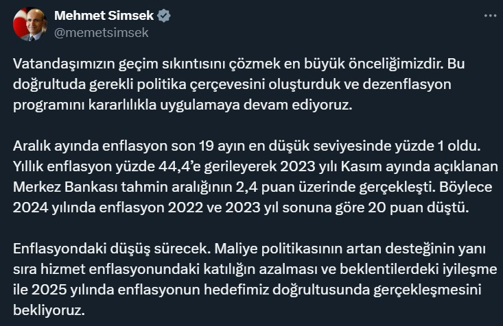 Bakan Şimşek enflasyon verileri sonrası konuştu: Geçim sıkıntısını çözmek önceliğimiz