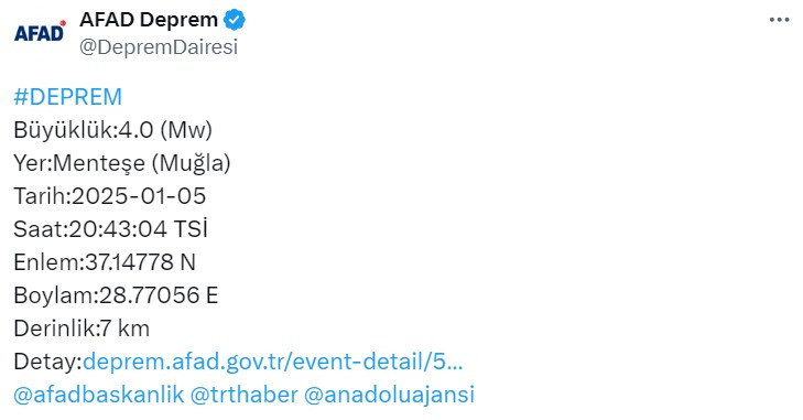 AFAD Muğla Menteşe'de deprem olduğunu duyurdu!