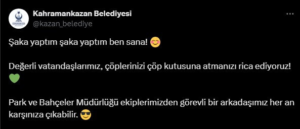 Kahramankazan Belediyesinden vatandaşlara çöp kutusu kullanma hatırlatması