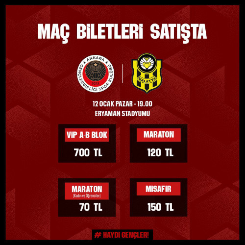 Gençlerbirliği - Yeni Malatyaspor maç biletleri satışa çıktı