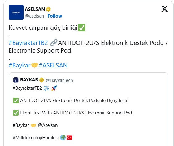 Aselsan'ın ANTIDOT 2-U/S Elektronik Destek Podu TB2 testinden geçti!