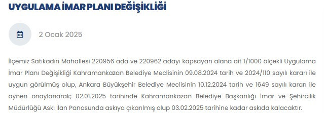 Kahramankazan Belediyesi'nin uygulama imar planı değişikliği askıya çıktı!