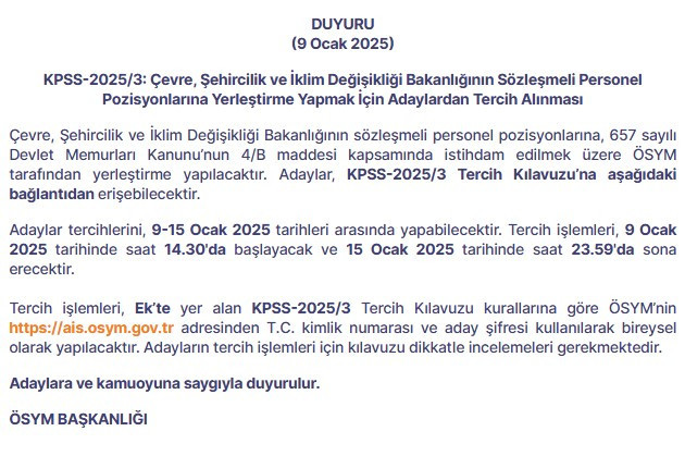 Çevre Şehircilik Bakanlığı sözleşmeli personel alım başvuruları başladı: KPSS-2025/3 personel alımı