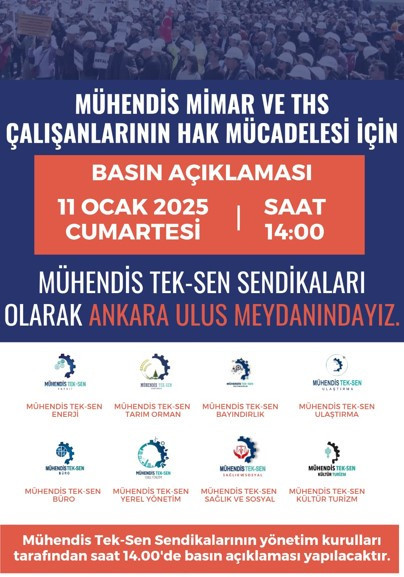 Mühendis Tek-Sen Sendikaları 11 Ocak’ta Ulus’ta basın açıklaması yapacak