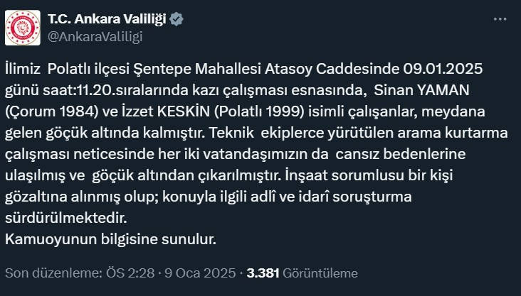 Ankara Valiliği Polatlı'daki göçükte 2 kişinin vefat ettiğini duyurdu