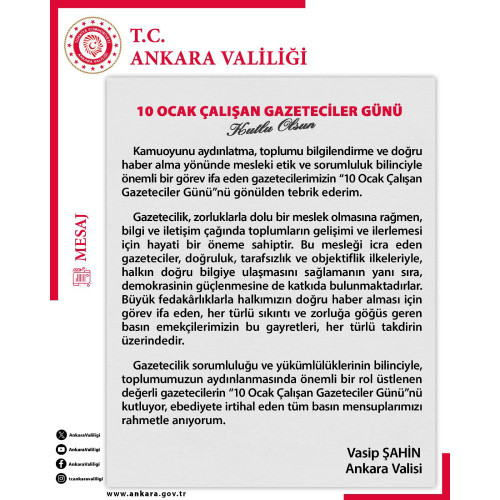 Ankara Valisi Şahin 10 Ocak Çalışan Gazeteciler Günü ve İdareciler gününü kutladı