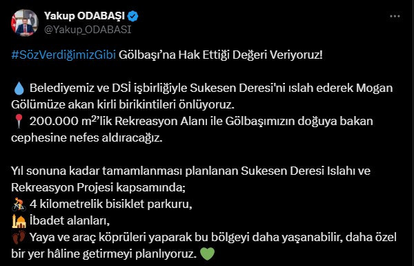 Gölbaşı Belediyesi Sukesen Deresi Islahı ve Rekreasyon Projesini yıl sonu bitiriyor