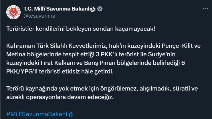 TSK sınır ötesinde terör örgütü mensuplarını etkisiz hale getirmeyi sürdürüyor