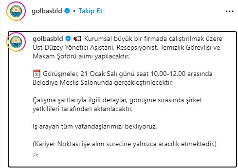 Gölbaşı Belediyesi yönetici asistanı, resepsiyonist, temizlik görevlisi, makam şöförü ilanı paylaştı - Resim : 2