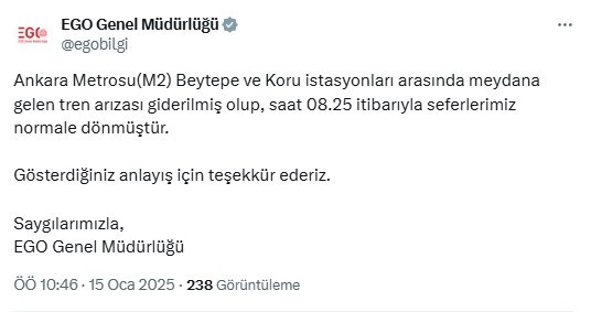 Ankara son dakika metro seferleri durduruldu! EGO duyurdu Beytepe Koru metrosu neden çalışmıyor? - Resim : 2