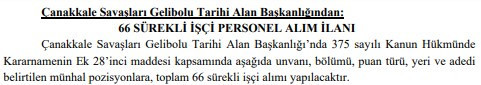 Çanakkale Savaşları Gelibolu Tarihi Alan Başkanlığı'na 66 sürekli işçi alınacak