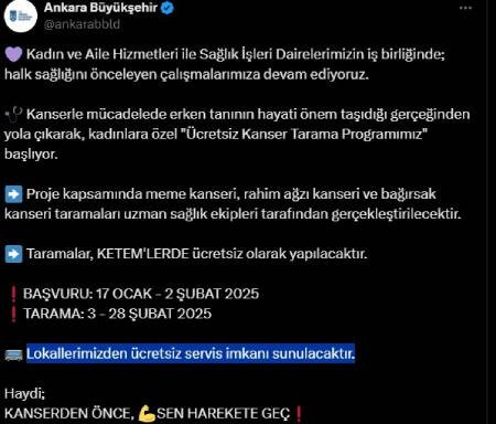 Ankara Büyükşehir'den 'Ücretsiz Kanser Tarama Programı'