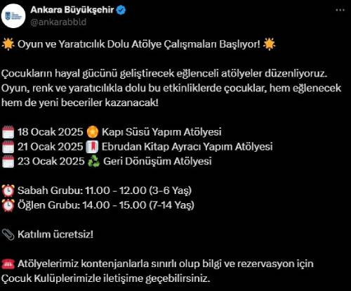 Ankara Büyükşehir Belediyesi'nden çocuklara yönelik atölye çalışması