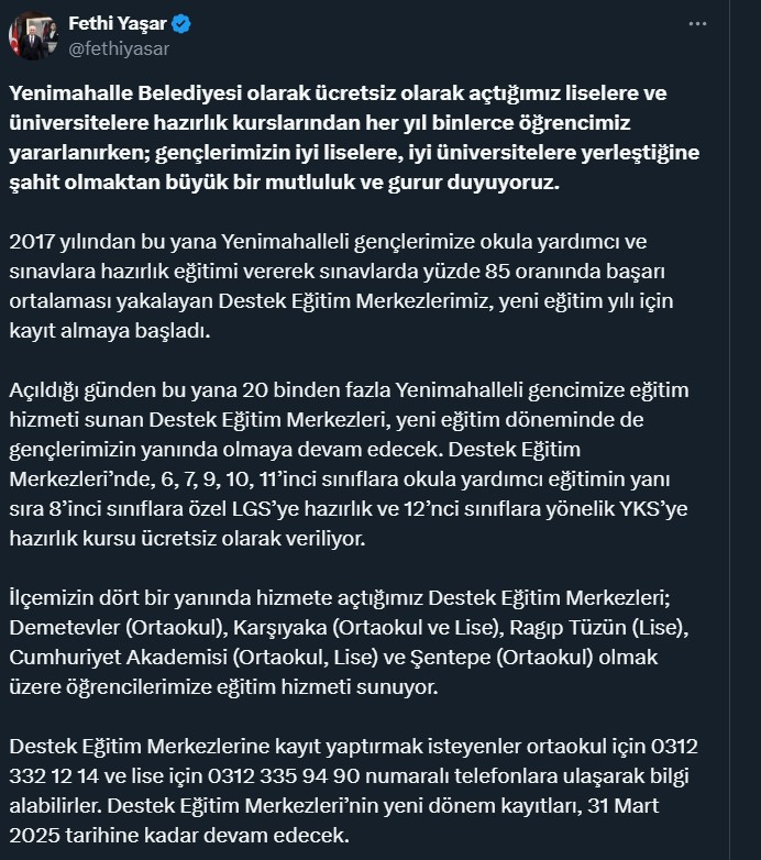 Yenimahalle Belediyesi öğrencilere ücretsiz LGS ve YKS kursu veriyor