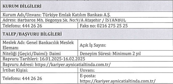 Türkiye Emlak Katılım Bankası deneyimli 20-40 yaş arası personel alacak