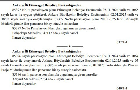 Etimesgut Belediyesi 2 mahallede imar planı değişikliği yaptı