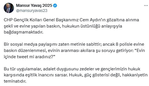 ABB Başkanı Yavaş'tan tutuklanan CHP Gençlik Kolları Genel Başkanı Aydın'a destek mesajı