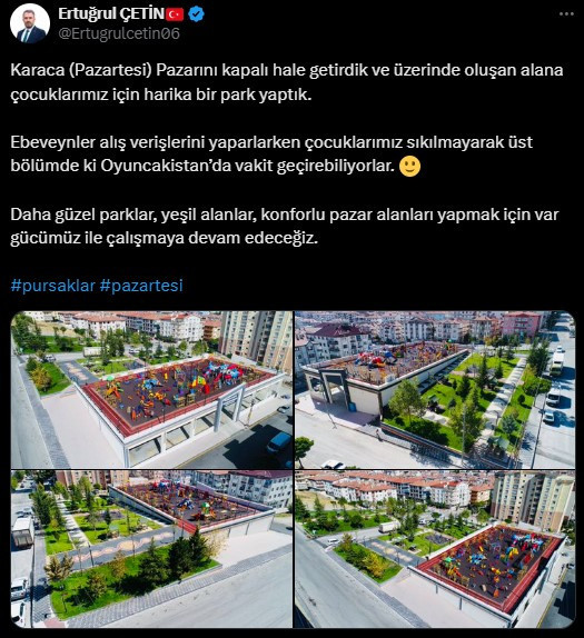 Pursaklar Belediyesi Pazartesi pazarının üstünü kapattı, çocuklara oyun parkı yaptı