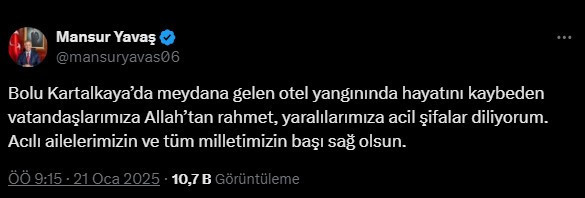 ABB Başkanı Yavaş'tan Bolu'daki otel yangını için taziye mesajı