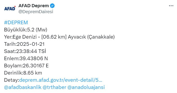 Çanakkale Ayvacık açıklarında 5,2'lik deprem!