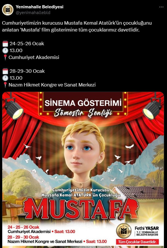 Yenimahalle Belediyesi çocuklar için Mustafa filmi gösterimi düzenleyecek