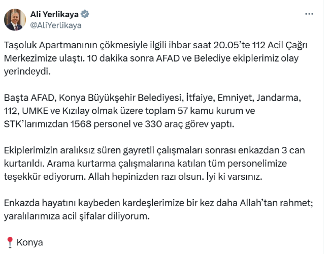 İçişleri Bakanı Yerlikaya'dan Konya'da çöken binaya ilişkin açıklama geldi