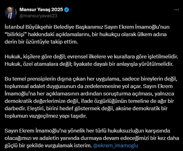 ABB Başkanı Yavaş'tan İmamoğlu'nun açıklamalarına destek!