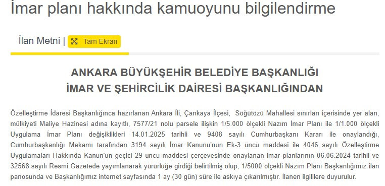 Ankara Büyükşehir Belediyesi Çankaya'da imar planı değişikliği yaptı!