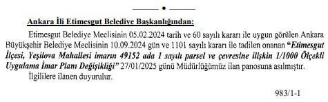 Etimesgut Belediyesi bazı mahallelerde imar planı değişikliği yaptı