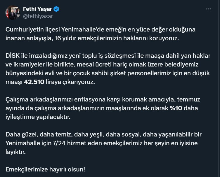 Yenimahalle Belediyesi personel maaşına zam yaptı: 42 bin 510 lira açıklaması