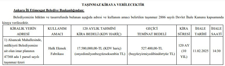 Resmi Gazete'de yayınlandı! Etimesgut Belediyesi'nden Halk Ekmek Fabrikası kararı