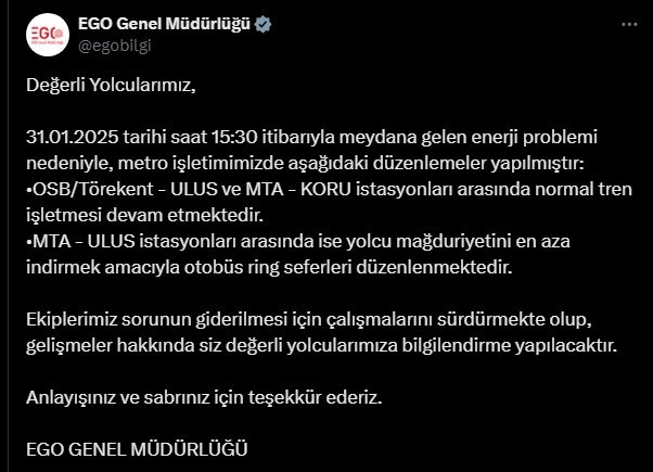 EGO resmi açıklama yaptı: Ankara Metrosunda enerji arızası yaşanıyor!