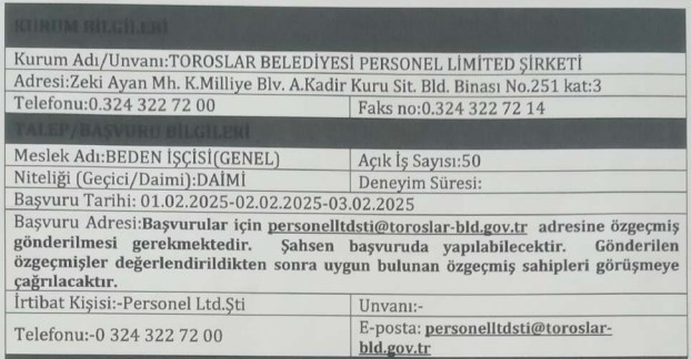 Belediyeye daimi 50 işçi alınacak: Başvurular mail üzerinden