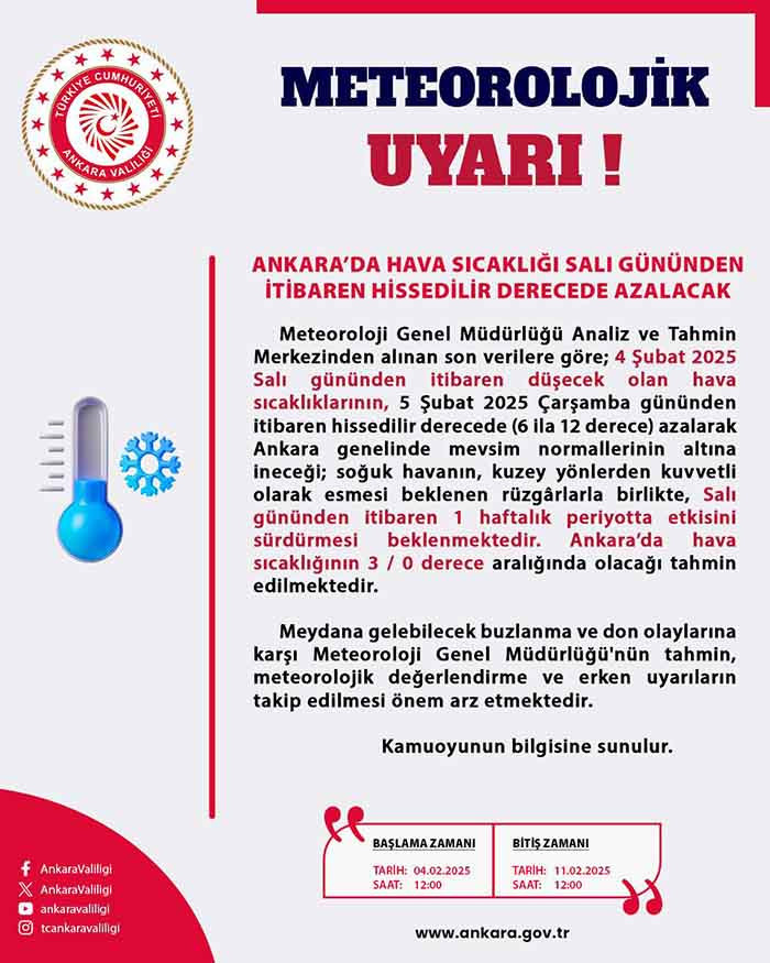 Ankara Valiliği'nden uyarı! Sıcaklıklar 6-12 derece düşecek!