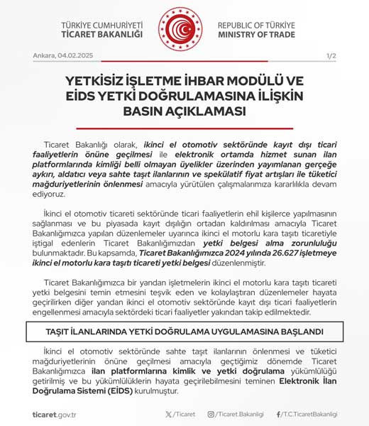 EİDS sistemi devrede: Taşıt satışlarında yeni düzenleme