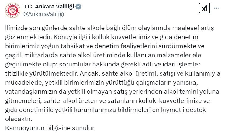 Ankara Valiliği'nden sahte alkol uyarısı!